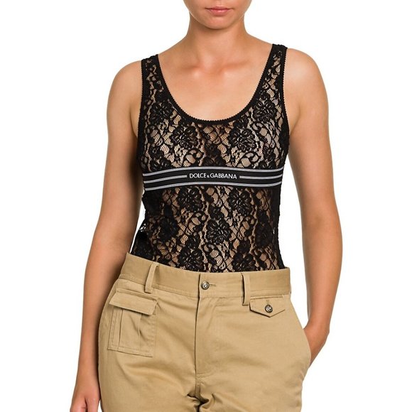 Dolce And Gabbana Black Logo Stripe Lace Tank Top
